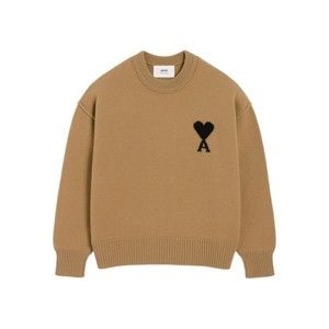 Ami Camel Wool Crewneck Sweater With Heart Logo - NWT